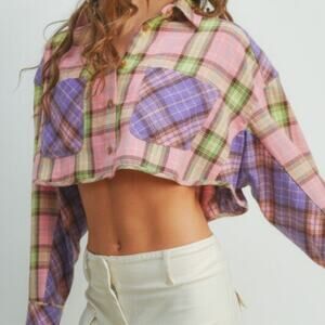 New Oversized Multi Plaid Cropped Flannel Shirt | Small